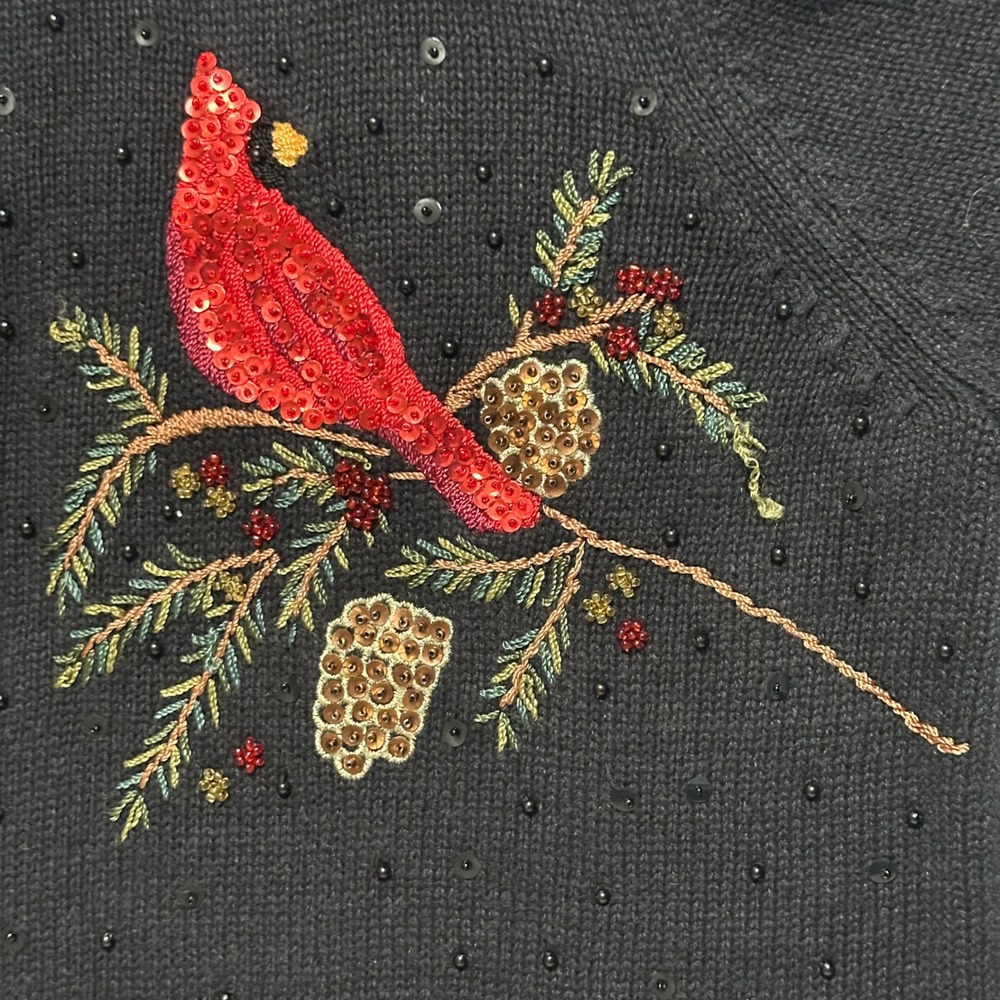 Tiara International Cardinal Embroidered Zip Cardigan Ramie Cotton Black VTG XL - Picture 4 of 7